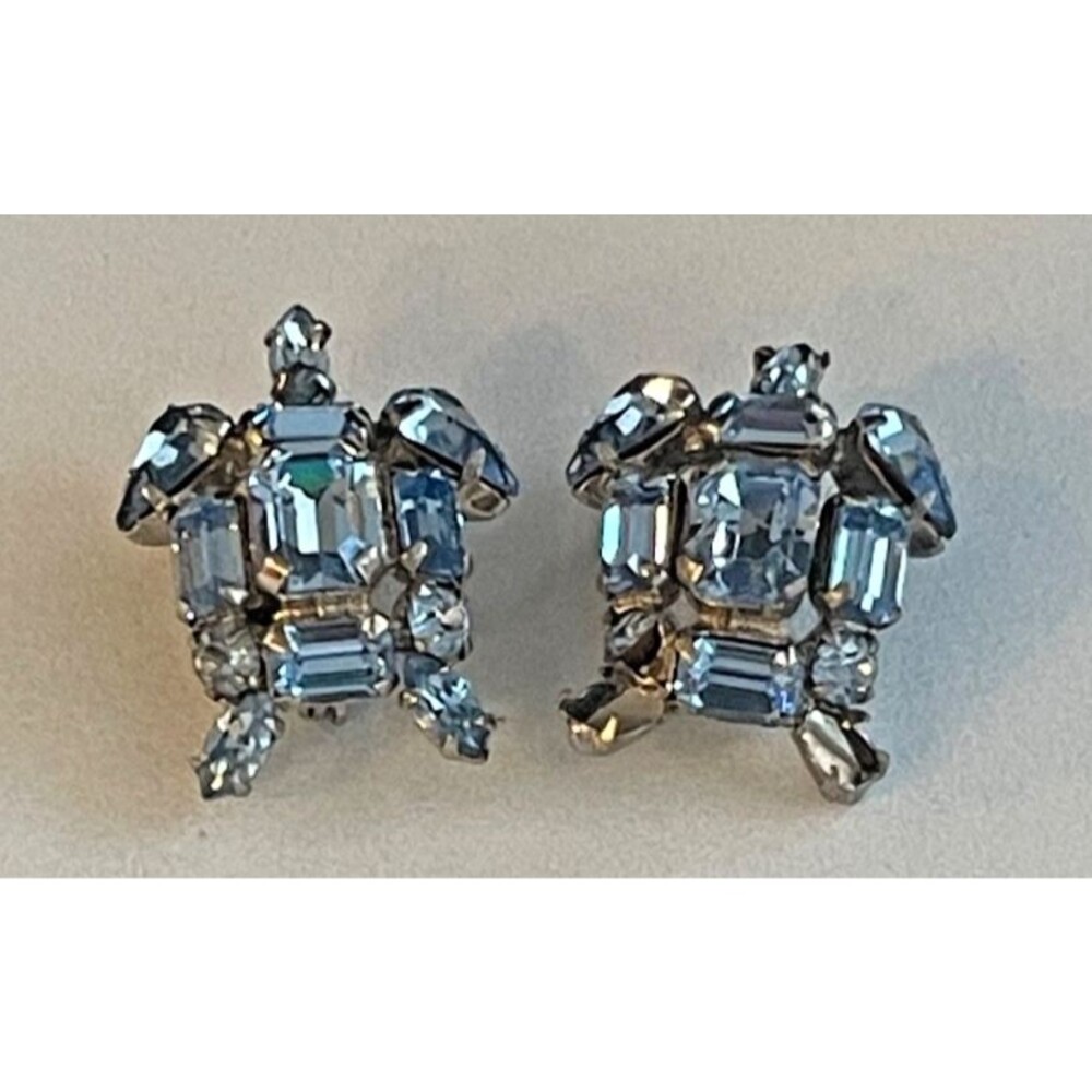 Austrian Blue Crystal Turtle Pins Set of 2 Emerald Cut Signed Made in Austria